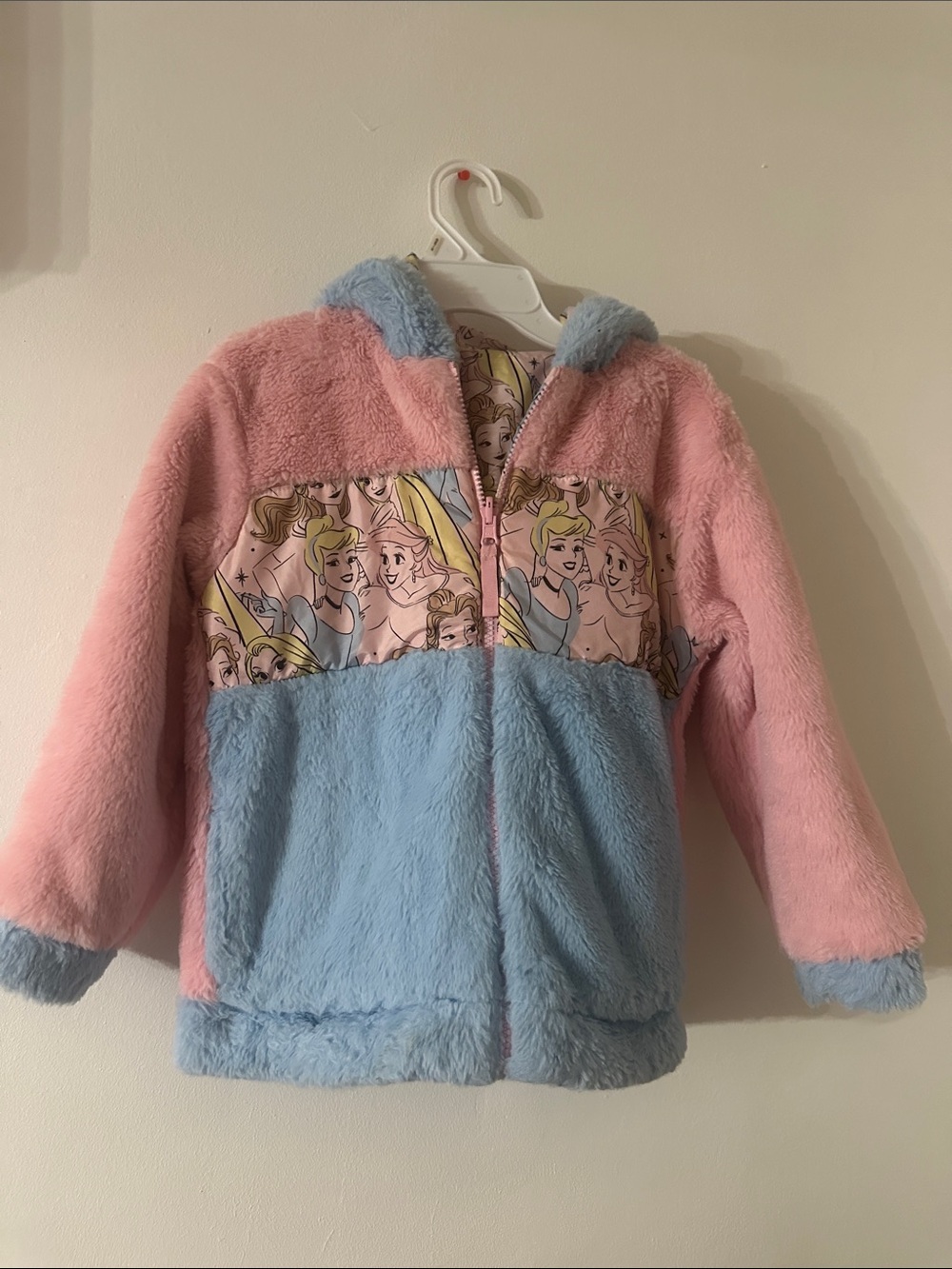 Disney Pink & Light Blue Faux Fur Hooded Jacket with Princess Panel size 7